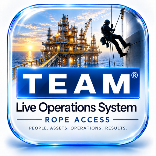 TEAM® Live Operations System — Rope Access. Offshore platform and rope-access technician.